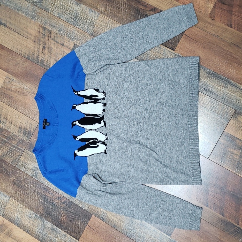 Talbots Blue and Gray Colorblocked Crewneck Sweater with Penguins, Large Petite